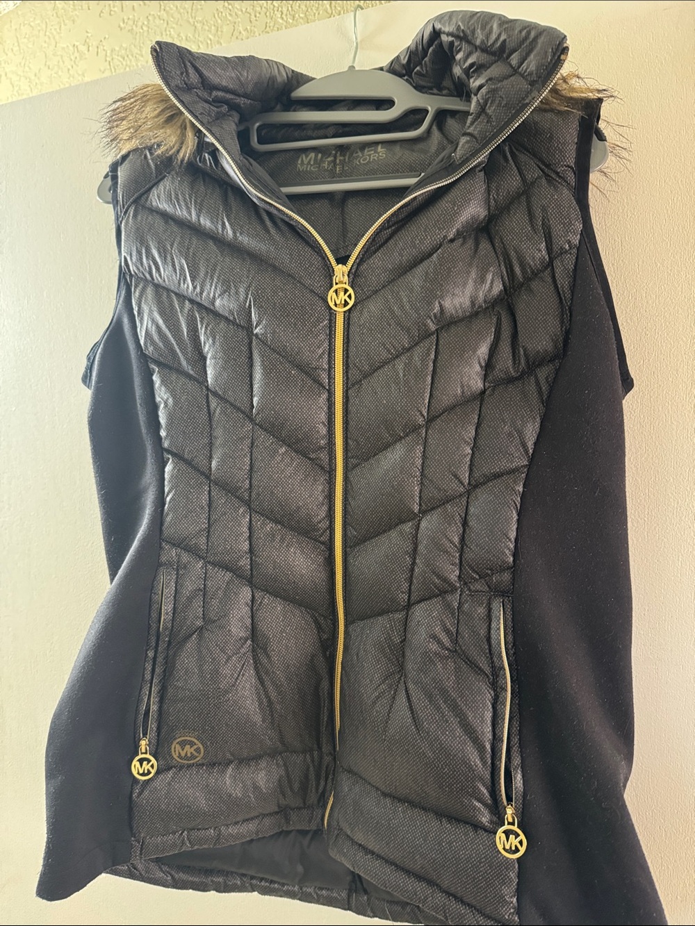 Michael Kors Black Quilted Puffer Vest with Gold Trim